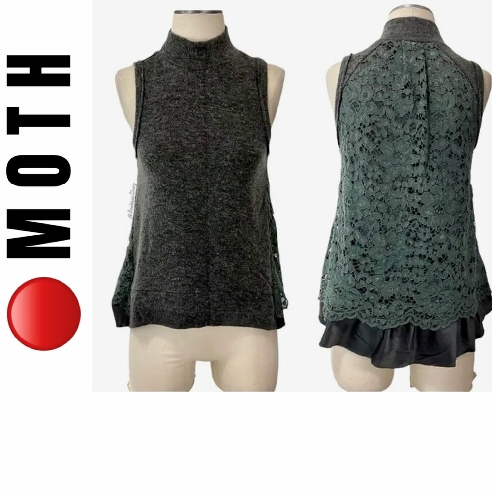 Moth by Anthropologie Knit/Lace Top Gray/Forest Green Raw Hem Sz S Whimsigoth
